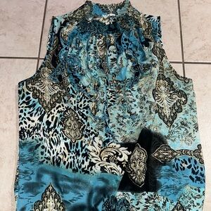 Cina Women’s Sleeveless Ruffle Neck Blouse – Blue Paisley Animal Print – Size M